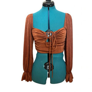 Verge Girl Brown Puffed Long Sleeve Front Tie Crop Top